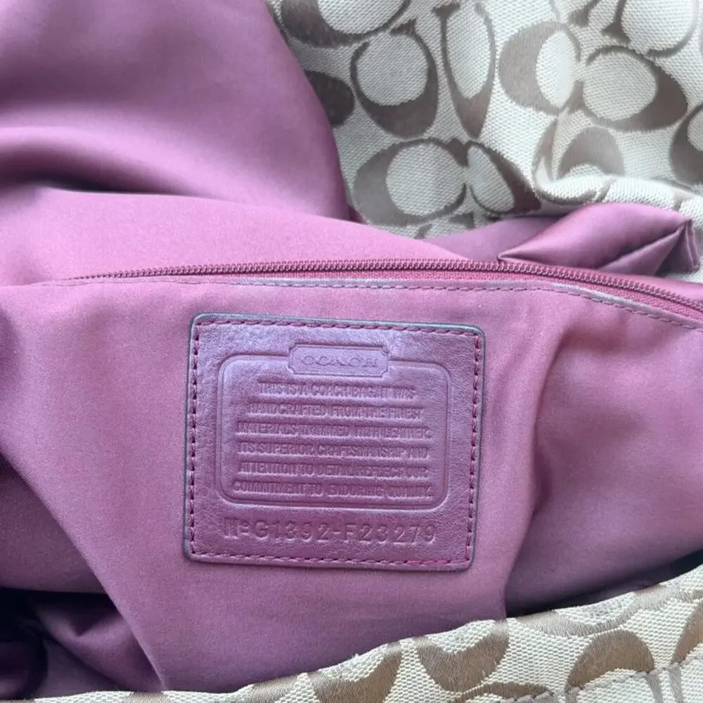 Coach Signature Jacquard Hobo Bag Khaki Purple Leather Shoulder Purse